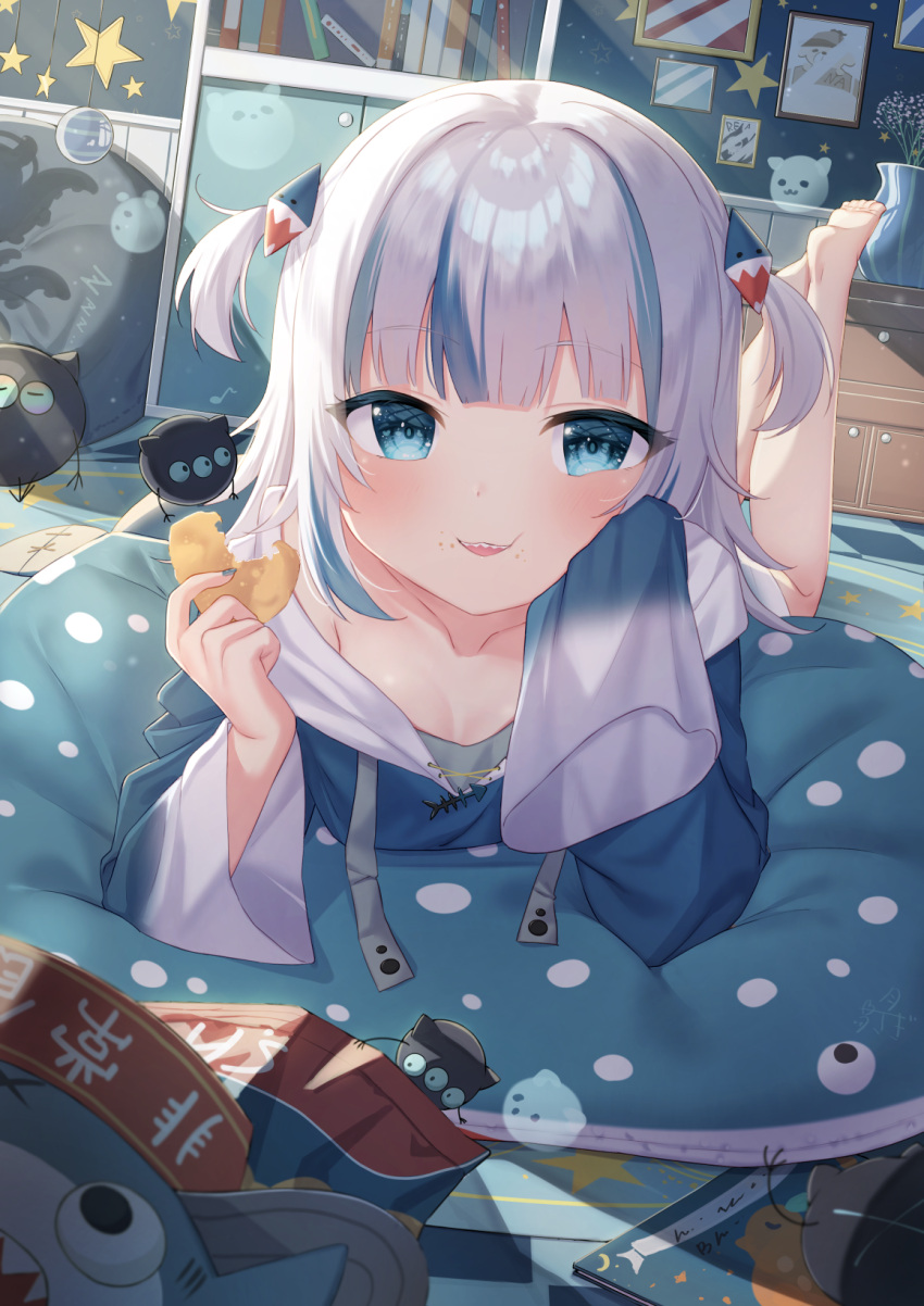 1girl bag_of_chips bangs barefoot bloop_(gawr_gura) blue_eyes blue_hair blue_hoodie breasts chips collarbone commentary_request eating eyebrows_visible_through_hair food food_on_face full_body gawr_gura hair_ornament hands_up highres holding holding_food hololive hololive_english hood hood_down hoodie indoors legs_up long_sleeves looking_at_viewer lying multicolored_hair on_stomach parted_lips potato_chips sharp_teeth silver_hair sleeves_past_fingers sleeves_past_wrists small_breasts solo streaked_hair teeth tsukiman two_side_up virtual_youtuber