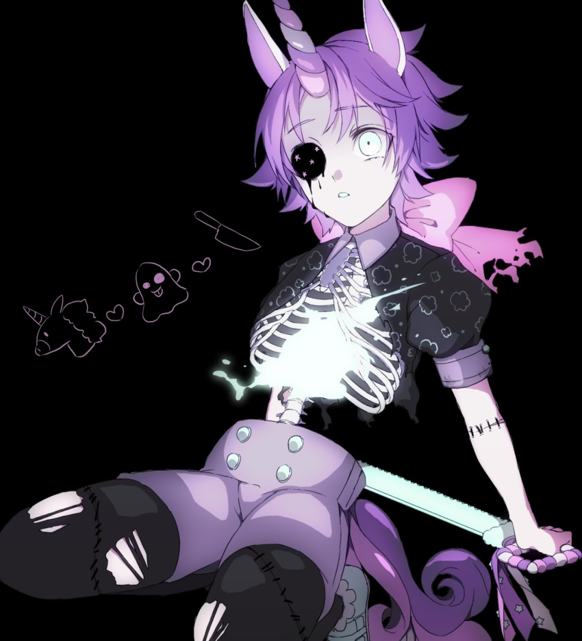 animal_ears black_background black_shirt bow character_request copyright_request crop_top eiku highres holding holding_weapon horns one_eye_covered pink_bow puffy_short_sleeves puffy_sleeves purple_hair purple_shorts ribs saw shirt short_sleeves shorts single_horn skeleton solo stitches tail torn_clothes torn_legwear weapon white_footwear