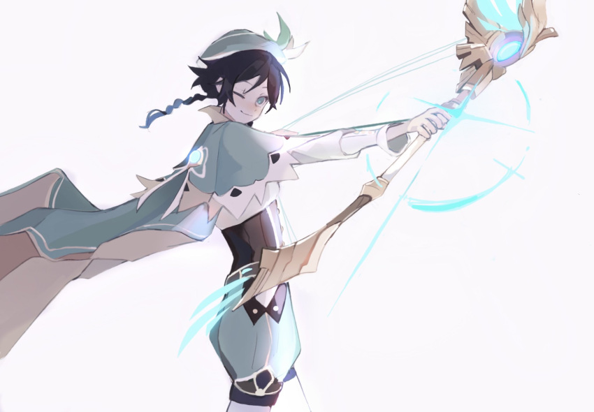 1boy androgynous bangs beret black_hair blue_hair bow_(weapon) braid cape closed_mouth collared_cape corset flower frilled_sleeves frills genshin_impact gradient_hair green_eyes green_headwear green_shorts hat hat_flower highres holding holding_bow_(weapon) holding_weapon leaf long_sleeves male_focus multicolored_hair one_eye_closed pantyhose short_hair_with_long_locks shorts simple_background slonyalgn smile solo twin_braids venti_(genshin_impact) weapon white_background white_flower white_legwear