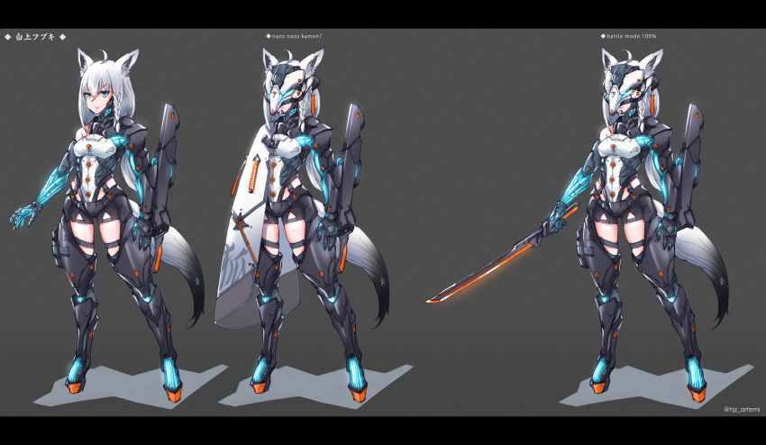 1girl absurdres ahoge animal_ear_fluff animal_ears aqua_eyes armor armored_leotard bangs braid eyebrows_visible_through_hair fox_ears fox_tail grey_background highres hjz_(artemi) holding holding_sword holding_weapon hololive huge_filesize katana letterboxed long_hair mask mechanical_arms multiple_views ponytail science_fiction shirakami_fubuki shoulder_armor solo sword tail virtual_youtuber weapon white_hair