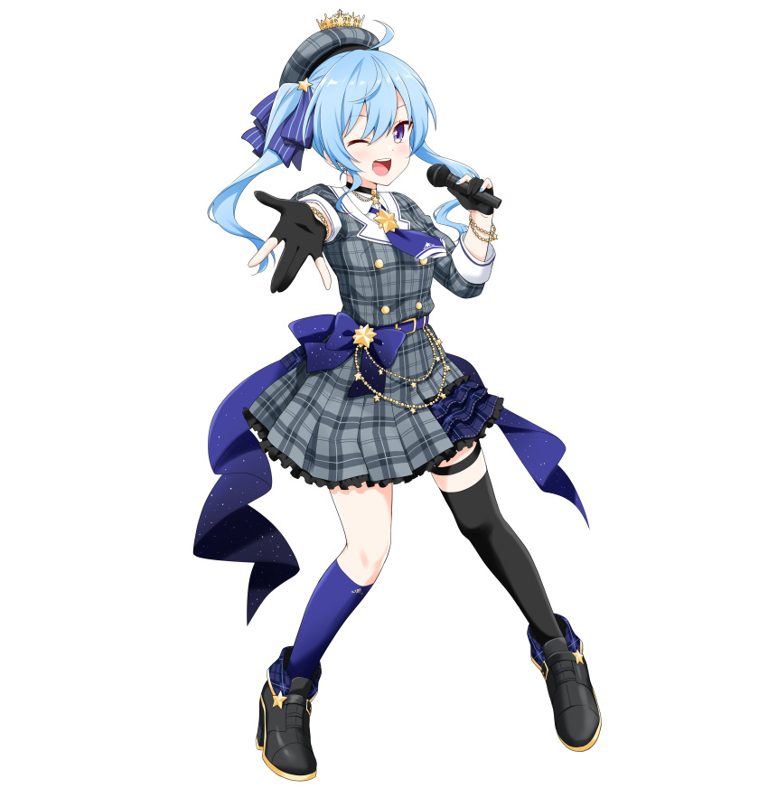 1girl absurdres beret black_choker black_gloves blue_eyes blue_hair choker dress felutiahime floating_hair gloves hat highres holding holding_microphone hololive hoshimachi_suisei microphone one_eye_closed open_hand open_mouth partially_fingerless_gloves plaid plaid_dress plaid_headwear side_ponytail single_thighhigh smile solo thigh-highs thigh_strap virtual_youtuber white_background