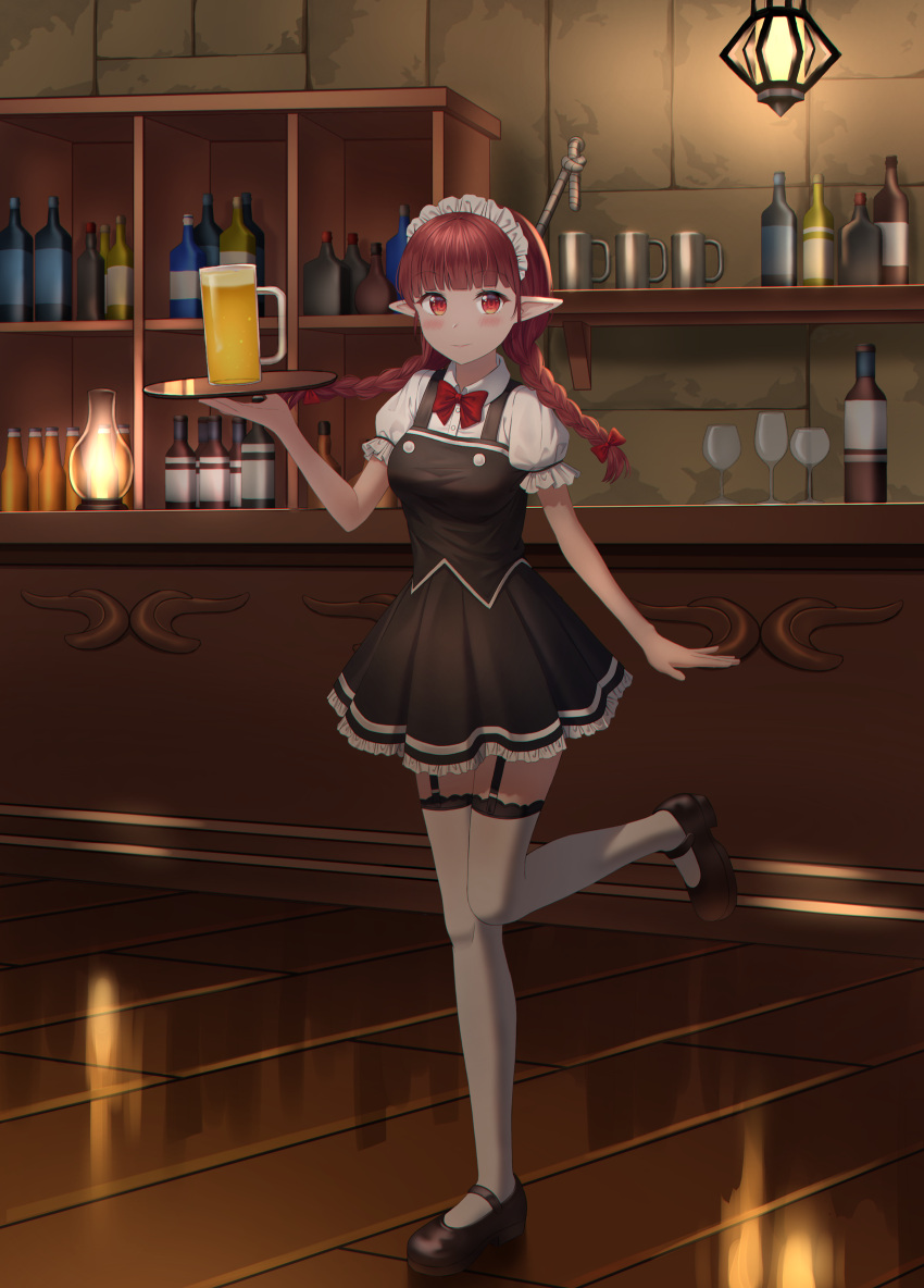 1girl absurdres alcohol bangs bar beer beer_mug black_footwear blunt_bangs blush bottle bow bowtie braid breasts commission cup eyebrows_visible_through_hair frills garter_straps hair_bow highres holding holding_tray indoors long_hair looking_at_viewer maid maid_headdress mary_janes mug nay original pointy_ears red_bow red_eyes redhead shoes short_sleeves smile solo standing standing_on_one_leg thigh-highs tray twin_braids white_legwear wooden_floor