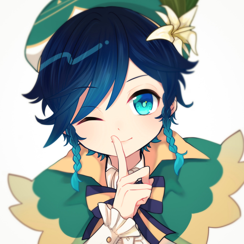 1boy androgynous bangs beret black_hair blue_eyes blue_hair bow braid cape closed_mouth collared_cape collared_shirt eyebrows_visible_through_hair finger_to_mouth flower frilled_sleeves frills genshin_impact gradient_hair green_eyes green_headwear hat hat_flower hatake_(hatanosuke) highres leaf long_sleeves looking_at_viewer male_focus multicolored_hair one_eye_closed shirt short_hair_with_long_locks shushing simple_background smile solo twin_braids venti_(genshin_impact) white_background white_flower white_shirt