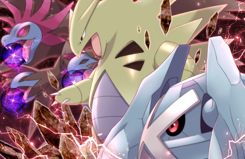 commentary_request energy energy_ball fangs gen_2_pokemon gen_3_pokemon gen_5_pokemon glowing glowing_eyes head_down hydreigon maiko_(mimi) metagross no_humans open_mouth pokemon pokemon_(creature) red_eyes rock tongue tyranitar