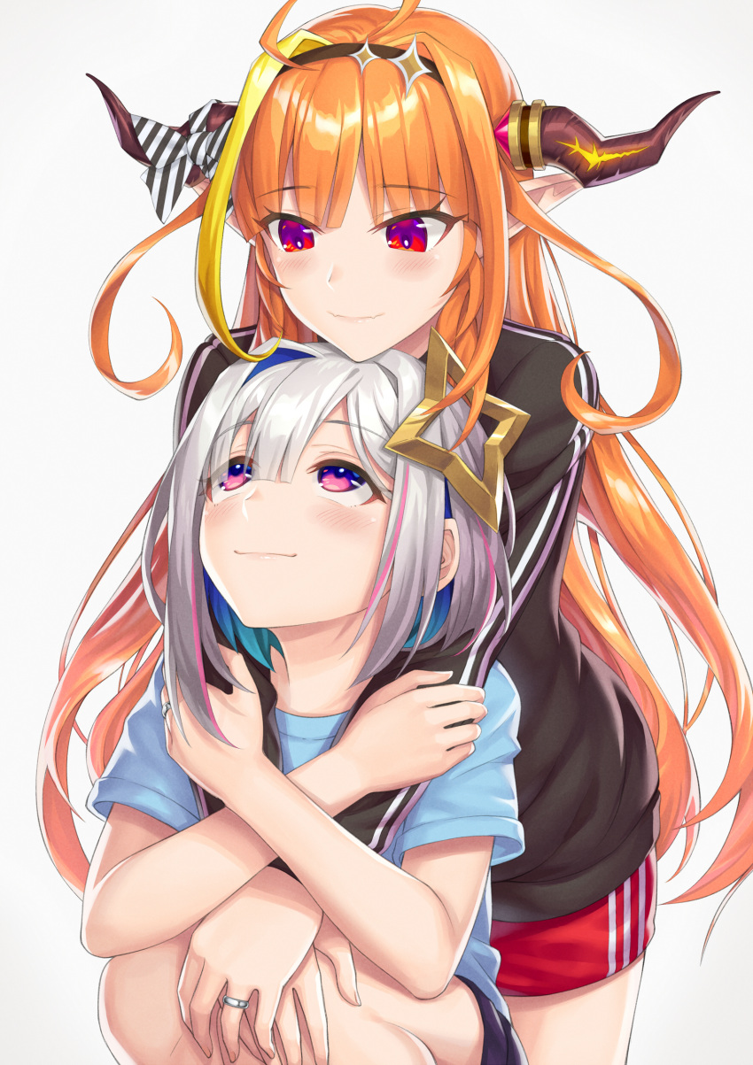 2girls absurdres ahoge amane_kanata angel arms_around_neck bangs black_hairband black_jacket black_shorts blonde_hair blue_eyes blue_hair blue_shirt blunt_bangs bow colored_inner_hair diagonal-striped_bow dragon_girl dragon_horns e_no_maigo eyebrows_visible_through_hair hair_between_eyes hairband halo highlights highres holding_another's_arm hololive horn_bow horns hug hug_from_behind jacket jewelry kiryu_coco light_blush long_hair long_sleeves looking_at_another looking_down looking_up matching_ring multicolored multicolored_eyes multicolored_hair multiple_girls orange_hair outstretched_arms pink_hair pointy_ears pp_tenshi_t-shirt print_shirt red_eyes red_shorts ring shirt short_hair short_sleeves shorts sidelocks silver_hair simple_background smile squatting streaked_hair striped striped_bow track_jacket very_long_hair violet_eyes virtual_youtuber white_background yuri
