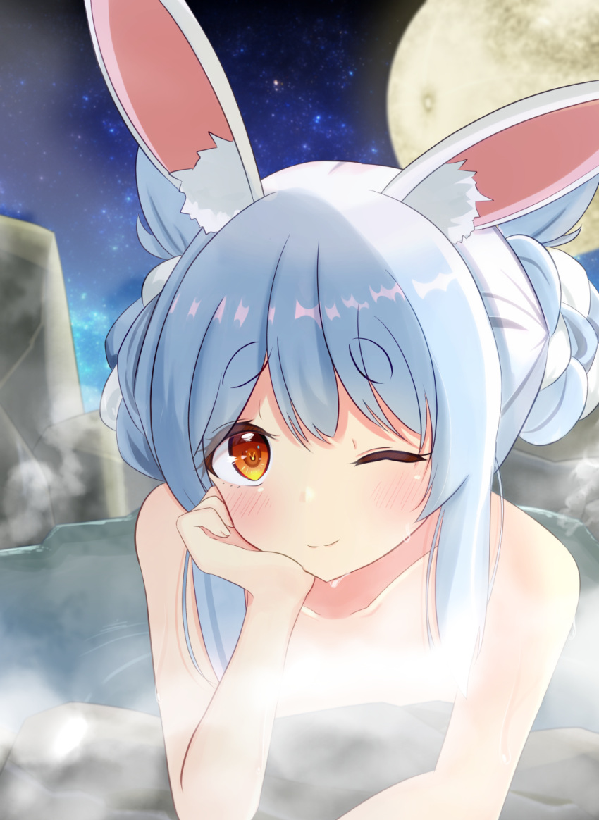 1girl ;) animal_ear_fluff animal_ears bath blue_hair blush braid braided_bun closed_mouth convenient_censoring double_bun eyebrows_visible_through_hair head_rest highres hikimayu hololive looking_at_viewer loreley1k moon multicolored_hair one_eye_closed onsen orange_eyes rabbit_ears short_eyebrows short_hair smile solo steam steam_censor thick_eyebrows two-tone_hair usada_pekora virtual_youtuber white_hair