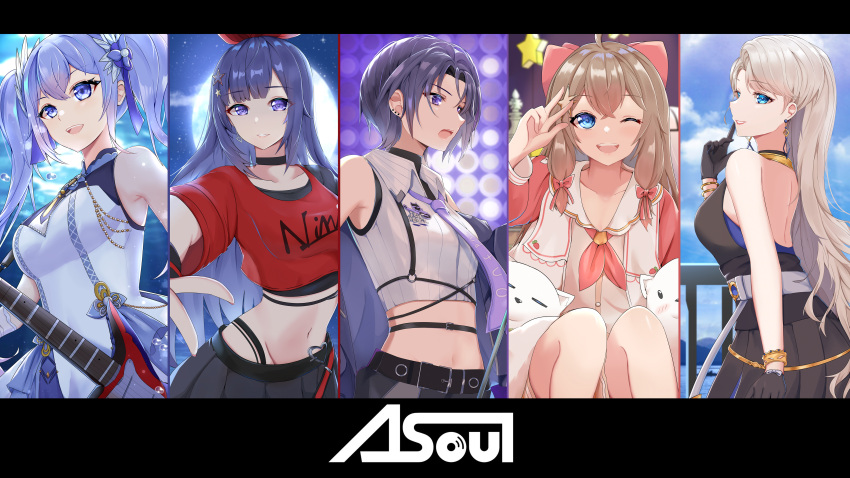 5girls a-soul absurdres ava_(a-soul) back bangs bare_shoulders bella_(a-soul) black_dress black_gloves black_skirt blonde_hair blue_eyes bracelet carol_(a-soul) collared_shirt crop_top diana_(a-soul) dress ear_piercing earrings eileen_(a-soul) gloves guitar hair_ornament halterneck highres instrument jewelry long_hair low_tied_hair multiple_girls navel one_eye_closed open_mouth piercing purple_hair purple_neckwear red_neckwear shirt skirt theos twintails violet_eyes virtual_youtuber w