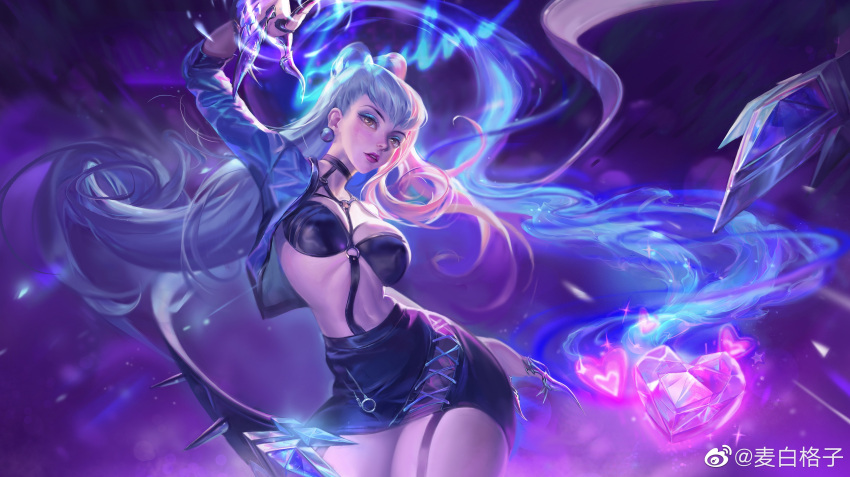 1girl absurdres cropped_jacket demon_girl evelynn_(league_of_legends) garter_straps highres kneehighs league_of_legends long_hair looking_at_viewer mai_bai_ge open_clothes revealing_clothes skirt solo the_baddest_evelynn yellow_eyes