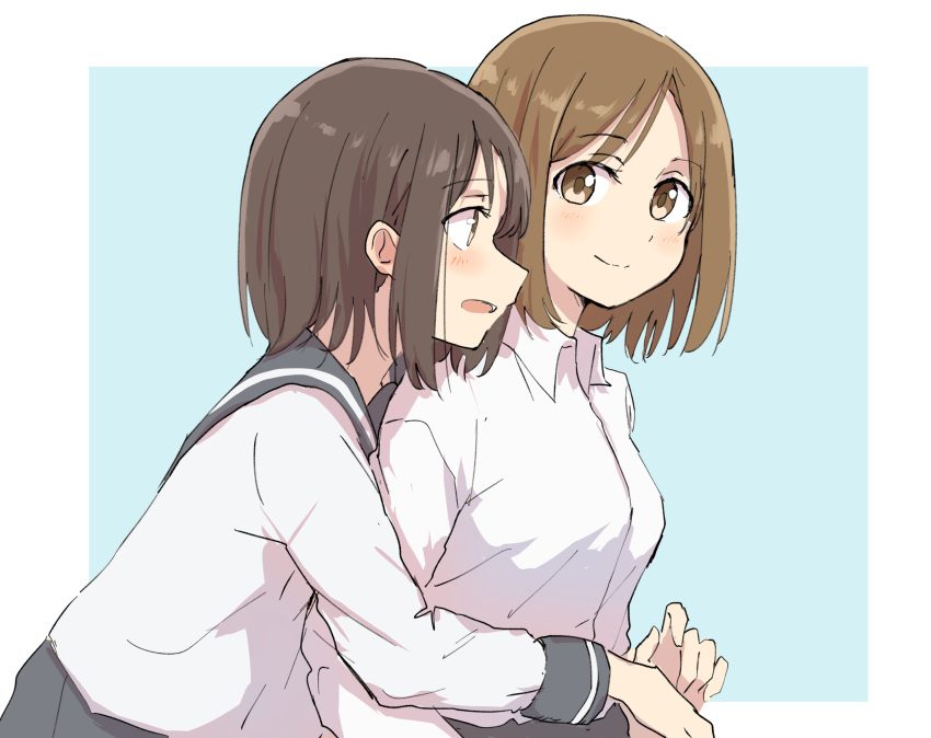 absurdres betock brown_hair highres hug hug_from_behind original school_uniform serafuku shirt short_hair simple_background smile upper_body yuri