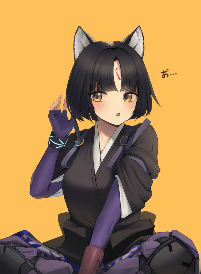 1girl :o absurdres alternate_hair_length alternate_hairstyle animal_ears arknights bangs black_hair black_kimono blush bracelet dog_ears dong_ji elbow_gloves facial_mark fingerless_gloves forehead_mark gloves hand_up highres japanese_clothes jewelry kimono knee_pads looking_at_viewer open_mouth pants parted_bangs purple_gloves purple_pants saga_(arknights) short_hair simple_background sitting solo yellow_background yellow_eyes