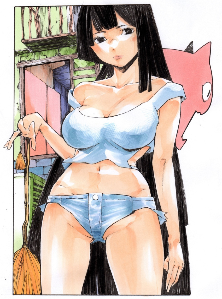 1girl black_eyes black_hair blush breasts collarbone cowboy_shot crop_top expressionless gagaimo highres large_breasts long_hair looking_at_viewer marker_(medium) micro_shorts navel original shirt shorts solo strap_slip traditional_media very_long_hair white_shirt white_shorts