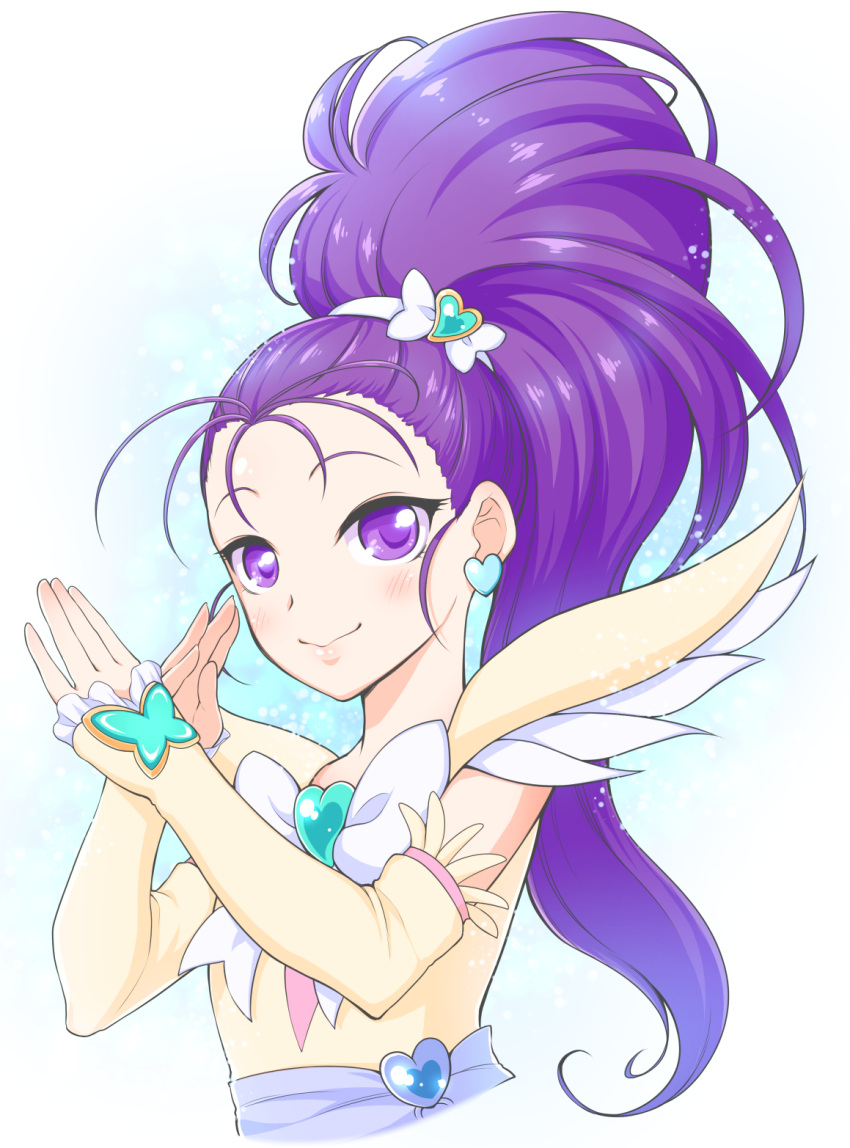1girl arakawa_tarou border bow closed_mouth cure_egret detached_sleeves earrings frilled_sleeves frills futari_wa_precure_splash_star hair_bow hair_ornament heart heart_earrings heart_hair_ornament high_ponytail highres jewelry long_hair long_sleeves looking_at_viewer precure purple_hair shiny shiny_hair smile solo standing upper_body very_long_hair violet_eyes white_border white_bow yellow_sleeves