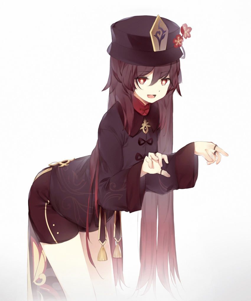 1girl bent_over black_shorts brown_hair eyebrows_visible_through_hair flower genshin_impact ghost_pose hat hat_flower highres hu_tao jewelry long_hair long_sleeves looking_at_viewer mandarin_collar multiple_rings open_mouth plum_blossoms red_eyes red_flower ring shorts simple_background smile solo standing thumb_ring very_long_hair white_background yuishironeko