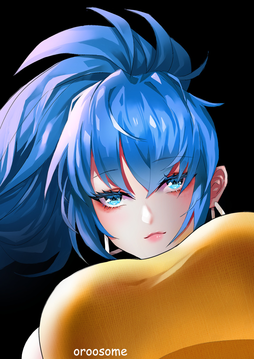 1girl absurdres blue_eyes blue_hair breasts eyelashes from_below highres huge_filesize large_breasts leona_heidern lipstick looking_at_viewer makeup oroo ponytail portrait the_king_of_fighters