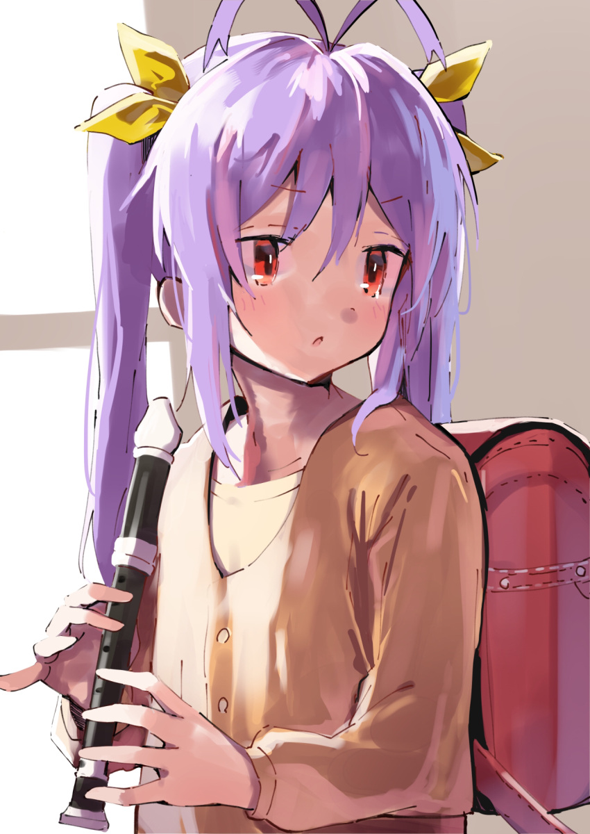 1girl antenna_hair backpack bag bangs brown_jacket commentary_request eyebrows_visible_through_hair hair_between_eyes hair_ribbon highres holding holding_instrument instrument jacket long_hair long_sleeves looking_away looking_to_the_side miyauchi_renge non_non_biyori purple_hair ramu_(taka1995) randoseru recorder red_eyes ribbon shirt solo twintails upper_body v-shaped_eyebrows white_shirt window yellow_ribbon