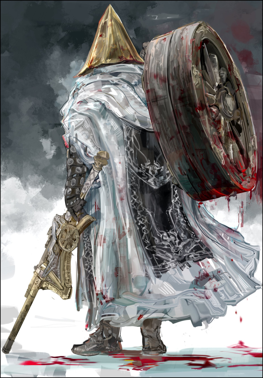 1boy absurdres alfred_(bloodborne) armor blood bloodborne bloody_clothes bloody_weapon boots brown_footwear cape facing_away full_body gauntlets gun helmet highres holding holding_gun holding_weapon male_focus nslacka over_shoulder solo standing weapon weapon_over_shoulder wheel white_cape