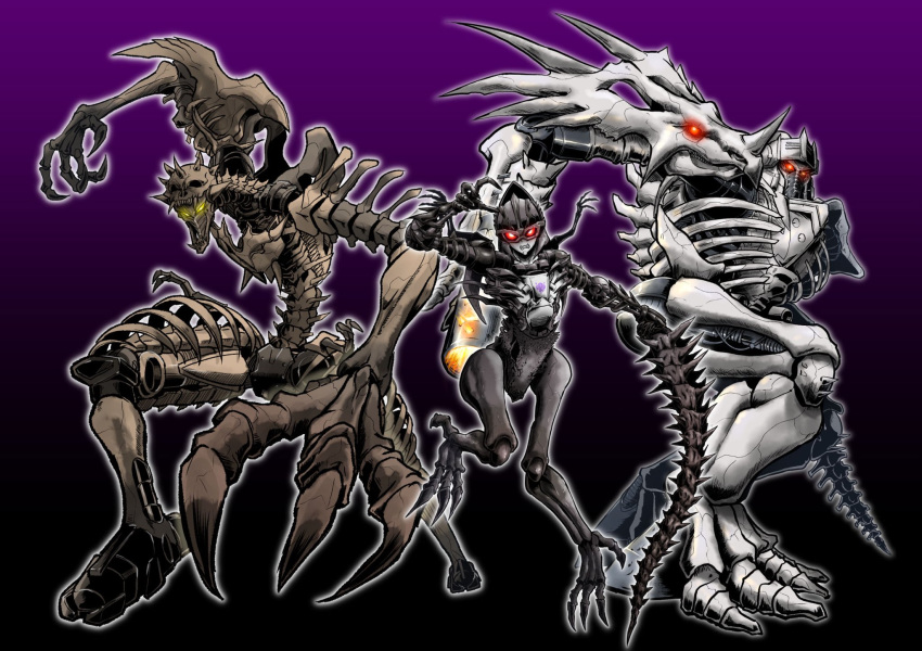 1boy 2girls arm_cannon asymmetrical_arms beast_wars blade bone claws clenched_teeth dinosaur fingernails fossil glowing glowing_eyes goggles highres holding holding_sword holding_weapon horns long_fingers long_toes looking_at_viewer mecha multiple_girls oohara_tetsuya paleotrex pose predacon purple_background ractonite red_eyes ribs sharp_fingernails sharp_teeth signature skeletal_arm skeletal_hand skeletal_tail skeleton skull skull_mask spikes styracosaurus sword teeth thick_thighs thighs toenails transformers transformers:_war_for_cybertron_trilogy trio tyrannosaurus_rex vertebreak weapon yellow_eyes