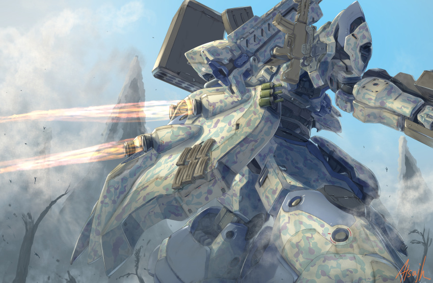 artist_name atsajh commission dust from_behind gun highres holstered_weapon mecha missile_pod no_humans original science_fiction skeb_commission sky solo thrusters tree weapon