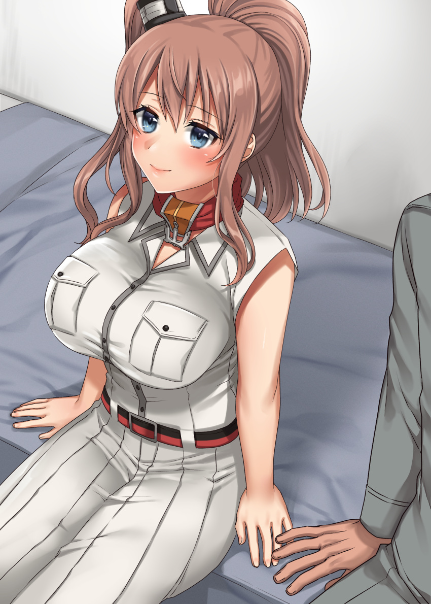 1girl absurdres anchor bed blue_eyes breast_pocket breasts brown_hair dress hair_between_eyes highres kantai_collection large_breasts miyotarou neckerchief on_bed pocket ponytail saratoga_(kancolle) short_sleeves side_ponytail sidelocks sitting sitting_on_bed smokestack_hair_ornament solo_focus white_dress