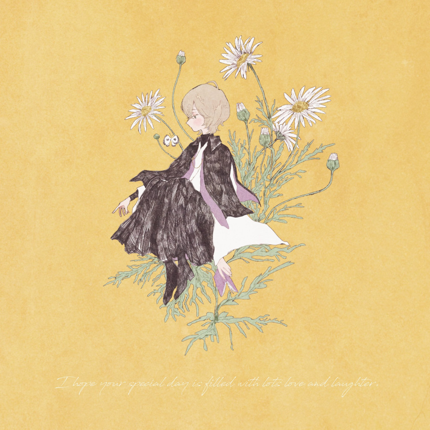 1girl black_footwear blush book bug butterfly english_text flower grey_hair highres holding holding_book insect long_sleeves momo_walnut original plant profile short_hair simple_background solo white_flower yellow_background