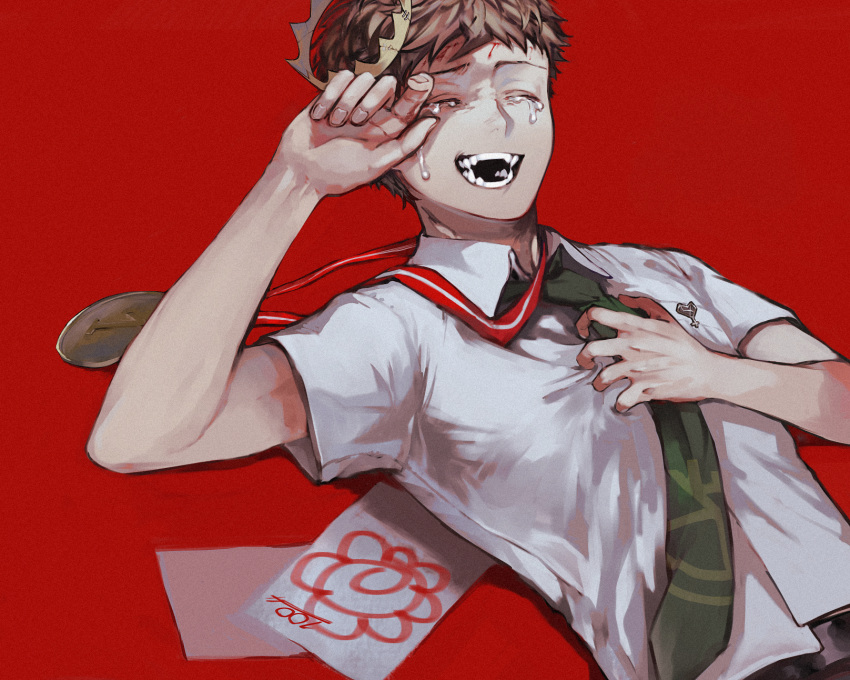 1boy ahoge bangs brown_hair collared_shirt commentary_request crown dangan_ronpa_(series) dangan_ronpa_2:_goodbye_despair fangs green_neckwear hand_on_own_chest hand_up happy_tears highres hinata_hajime lying male_focus medal necktie on_back open_mouth pin red_background shirt short_hair short_sleeves simple_background solo suzumetarou tears teeth upper_body