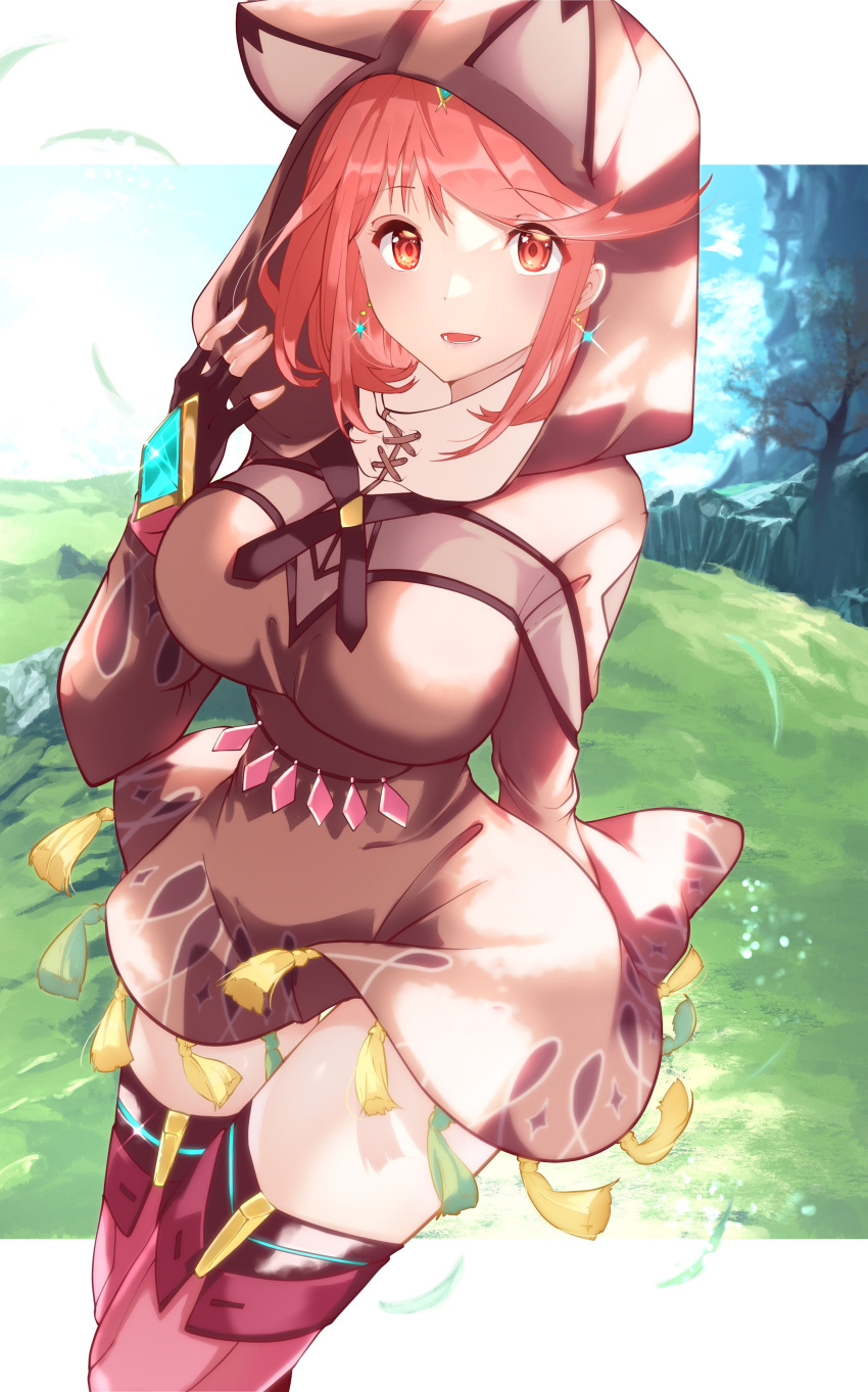 1girl absurdres bangs black_gloves breasts disguised_pyra_(xenoblade) earrings fingerless_gloves gloves highres jewelry large_breasts pyra_(xenoblade) red_eyes red_legwear red_shorts redhead risumi_(taka-fallcherryblossom) short_hair short_shorts shorts swept_bangs thigh-highs tiara xenoblade_chronicles_(series) xenoblade_chronicles_2