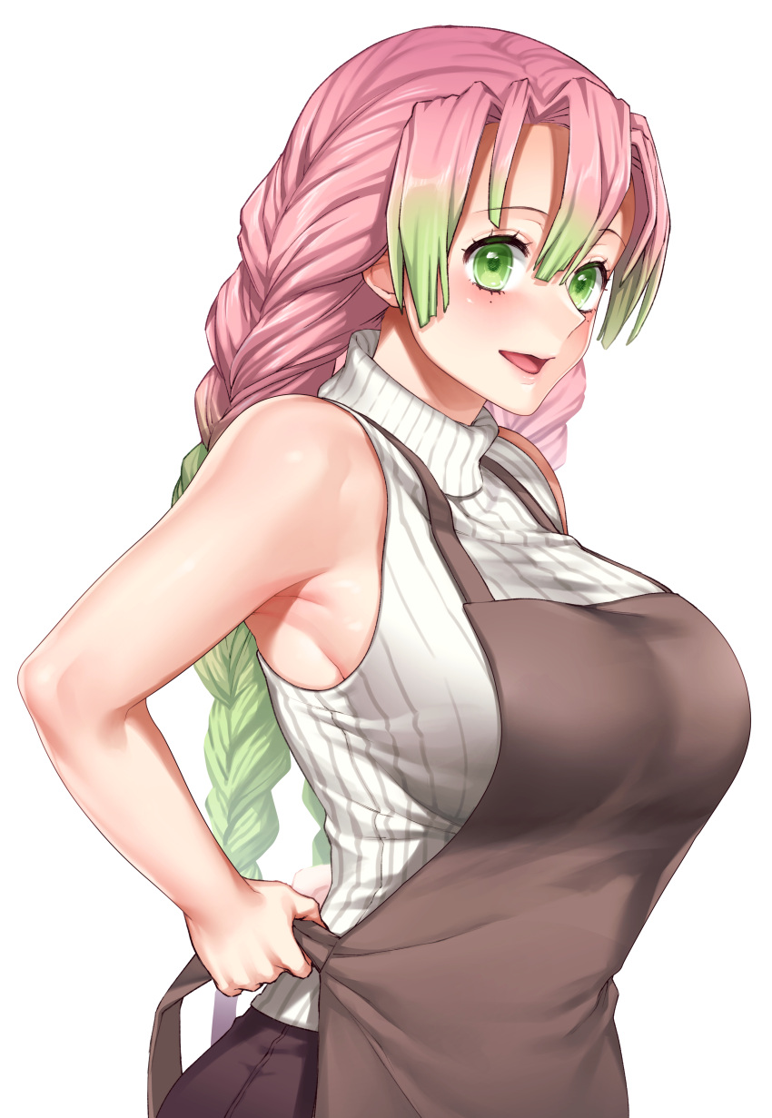 1girl absurdres alternate_costume apron black_skirt braid breasts brown_apron commentary_request from_side gradient_hair green_eyes green_hair highres kanroji_mitsuri large_breasts long_hair miyotarou mole mole_under_eye multicolored_hair open_mouth pink_hair ribbed_sweater simple_background single_braid skirt solo sweater turtleneck turtleneck_sweater two-tone_hair tying_apron white_background white_sweater