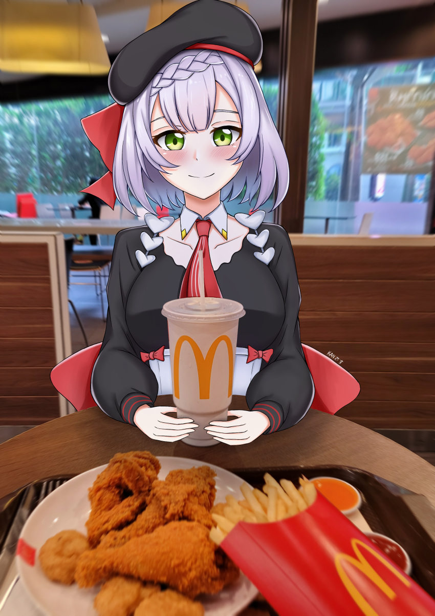 1girl absurdres blush braid cup drinking_straw employee_uniform fast_food fast_food_uniform food french_fries fried_chicken genshin_impact green_eyes highres kfc looking_at_viewer mcdonald's noelle_(genshin_impact) plate smile solo table uniform white_hair
