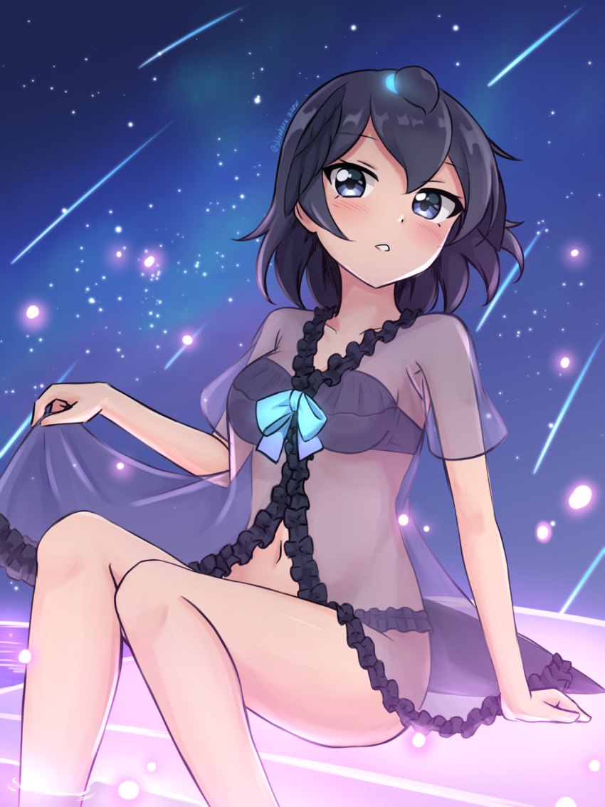1girl bangs bare_arms bare_legs black_eyes black_hair blush breasts collarbone commentary_request falling_star feet_out_of_frame frills greater_lophorina_(kemono_friends) highres kemono_friends lingerie looking_at_viewer medium_breasts navel nightgown parted_lips see-through shiraha_maru short_hair short_sleeves sitting solo twitter_username underwear