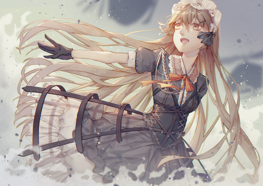 1girl black_gloves breasts corset dress frilled_dress frilled_hairband frills girls_frontline gloves gothic_lolita hairband light_brown_eyes light_brown_hair lolita_fashion long_hair ppk_(girls_frontline) puffy_short_sleeves puffy_sleeves short_dress short_sleeves solo very_long_hair wenz