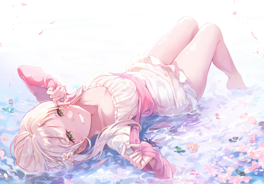 1girl blonde_hair breasts cherry_blossoms hanami kanola_u looking_at_viewer lying medium_breasts on_back onsen original partially_submerged short_hair smile solo yellow_eyes