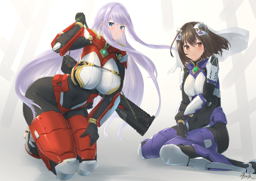 2girls atsajh bangs black_gloves blue_eyes blush bodysuit breasts brown_hair commission covered_navel eyebrows_visible_through_hair floating_hair gloves grey_background gun hand_on_own_thigh highres holstered_weapon large_breasts long_hair looking_down looking_to_the_side medium_breasts multiple_girls original pilot_suit red_eyes short_hair skeb_commission skin_tight very_long_hair weapon