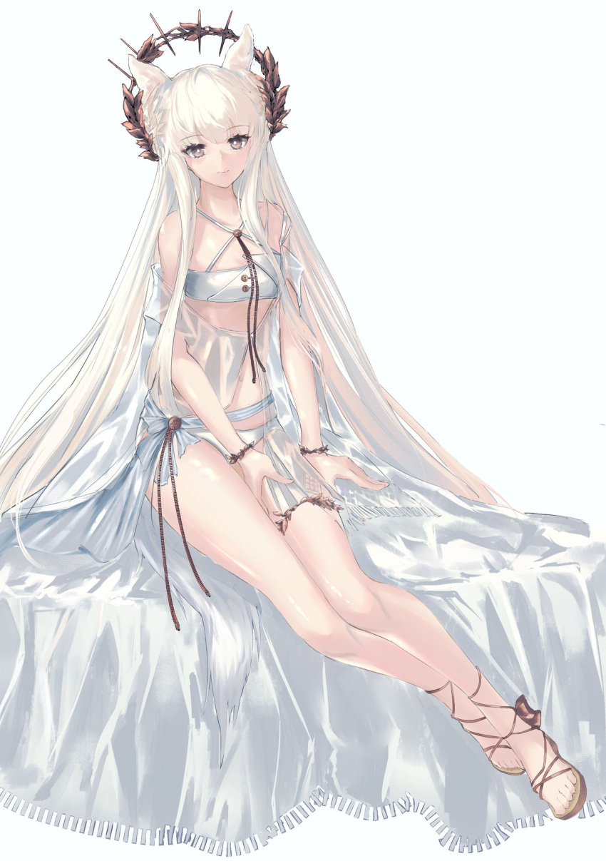 1girl animal_ear_fluff animal_ears arknights artist_request bare_arms bare_back bare_legs bare_shoulders barefoot bikini cloak criss-cross_halter feet halterneck highres horse_ears horse_girl laurel_crown long_hair looking_at_viewer navel official_alternate_costume platinum_(arknights) platinum_(shimmering_dew)_(arknights) side-tie_bikini swimsuit very_long_hair white_background white_bikini white_cloak white_hair