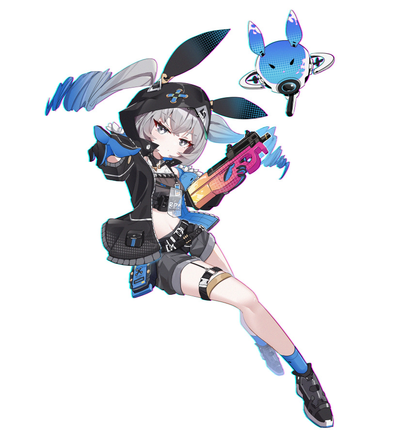 1girl absurdres animal_ears belly breasts bronya_zaychik bullpup drill_hair fake_animal_ears glasses gloves grey_eyes gun highres honkai_(series) honkai_impact_3rd hood jacket legs looking_at_viewer mecha p90 pointing pointing_at_viewer quintincy rabbit_ears shorts silver_hair small_breasts solo submachine_gun weapon