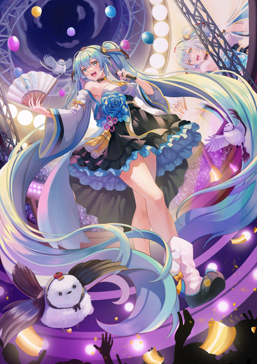 1girl absurdres alternate_costume audience bare_shoulders bird black_choker black_skirt blue_flower blue_hair breasts choker clouds concert confetti detached_sleeves fan flower flying hatsune_miku highres holding holding_fan holding_microphone long_hair looking_down medium_breasts microphone moon open_mouth oversized_flowers projected_inset skirt sky smile solo stadium stage twintails very_long_hair vocaloid yudi