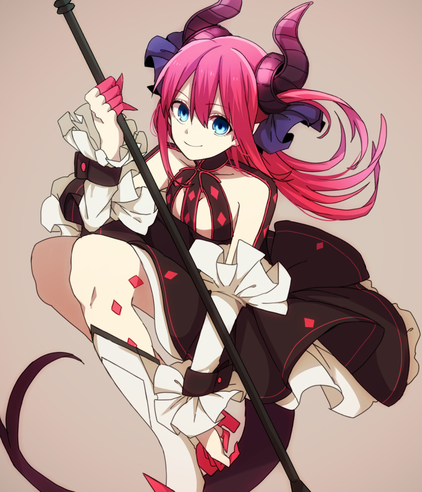 1girl black_skirt blue_eyes boots closed_mouth detached_sleeves dragon_girl dress eiku elizabeth_bathory_(fate) elizabeth_bathory_(fate)_(all) fate/grand_order fate_(series) hair_between_eyes highres holding holding_polearm holding_weapon horns knee_boots layered_skirt long_hair looking_at_viewer pink_hair pointy_ears polearm ribbon skirt smile solo tail tan_background weapon wrist_cuffs