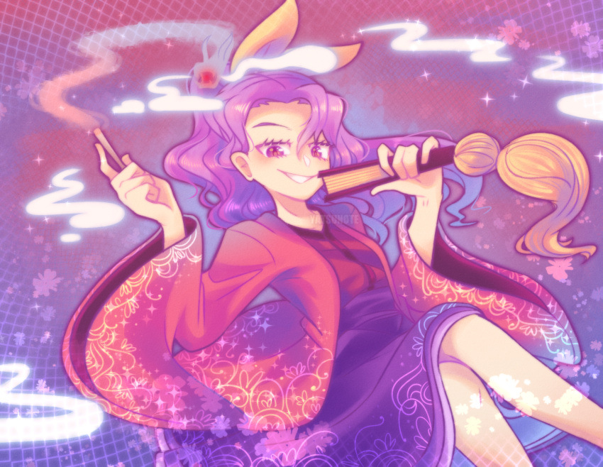1girl bow fan hair_bow highres japanese_clothes kimono komakusa_sannyo long_hair long_sleeves looking_at_viewer ponytail purple_hair smirk smoke smoking touhou unconnected_marketeers violet_eyes wide_sleeves yatsunote yellow_bow