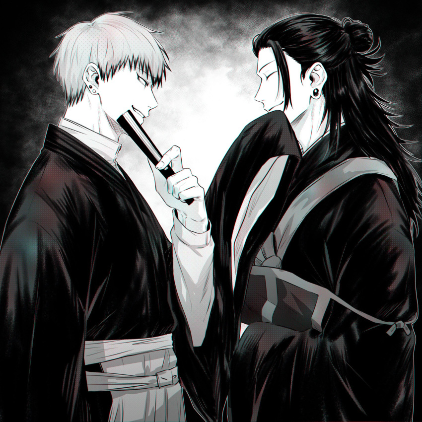 2boys absurdres closed_eyes closed_mouth cowboy_shot ear_piercing fan getou_suguru greyscale hair_bun hair_pulled_back hakama hand_up highres holding holding_fan japanese_clothes jujutsu_kaisen kimono long_hair looking_at_another male_focus monochrome multiple_boys parted_lips piercing profile short_hair sleeves_past_fingers sleeves_past_wrists smile standing tsurime wide_sleeves xxhane zenin_naoya