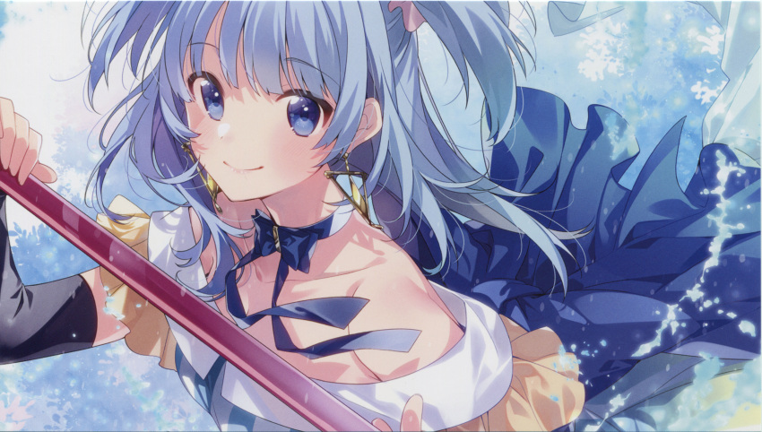 1girl absurdres bare_shoulders blue_background blue_choker blue_eyes blue_hair blue_ribbon choker closed_mouth collarbone detached_sleeves dot_nose earrings end_card eyebrows_visible_through_hair frills gradient gradient_background hands_up highres holding holding_staff jewelry light_blush looking_at_viewer magia_record:_mahou_shoujo_madoka_magica_gaiden mahou_shoujo_madoka_magica medium_hair minami_rena off-shoulder_shirt off_shoulder official_art ribbon ribbon_choker shirt simple_background smile solo staff striped striped_shirt tareme triangle_earrings two_side_up u35 water water_drop white_background