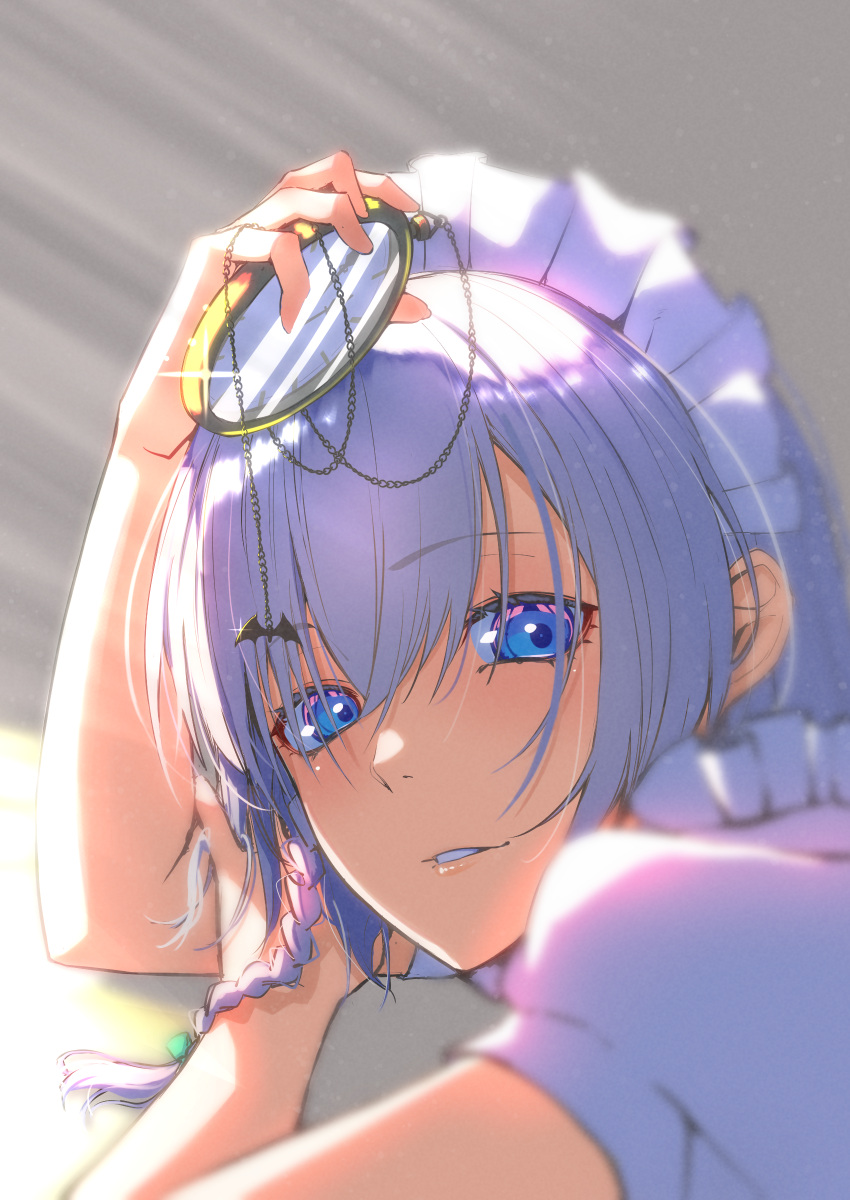 1girl absurdres bangs bloom blue_eyes blurry blurry_foreground braid depth_of_field eyebrows_visible_through_hair from_side glint grey_background hair_between_eyes hand_up highres holding izayoi_sakuya jnakamura1182 light_blush light_rays light_smile looking_at_viewer maid parted_lips pocket_watch shiny shiny_hair shirt short_hair short_sleeves silver_hair single_braid solo sunlight touhou watch white_shirt