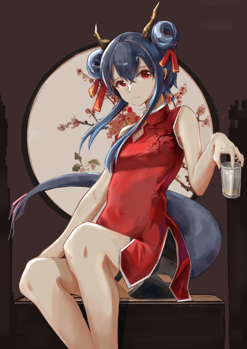 1girl absurdres arknights bangs bare_arms bare_shoulders blue_hair ch'en_(ageless_afterglow)_(arknights) ch'en_(arknights) china_dress chinese_clothes commentary cup double_bun dragon_horns dragon_tail dress feet_out_of_frame hair_ribbon head_tilt highres holding holding_cup horns ichigo_(mitusha) looking_at_viewer official_alternate_costume red_dress red_eyes red_ribbon ribbon short_dress short_hair_with_long_locks sidelocks sitting sleeveless sleeveless_dress solo tail