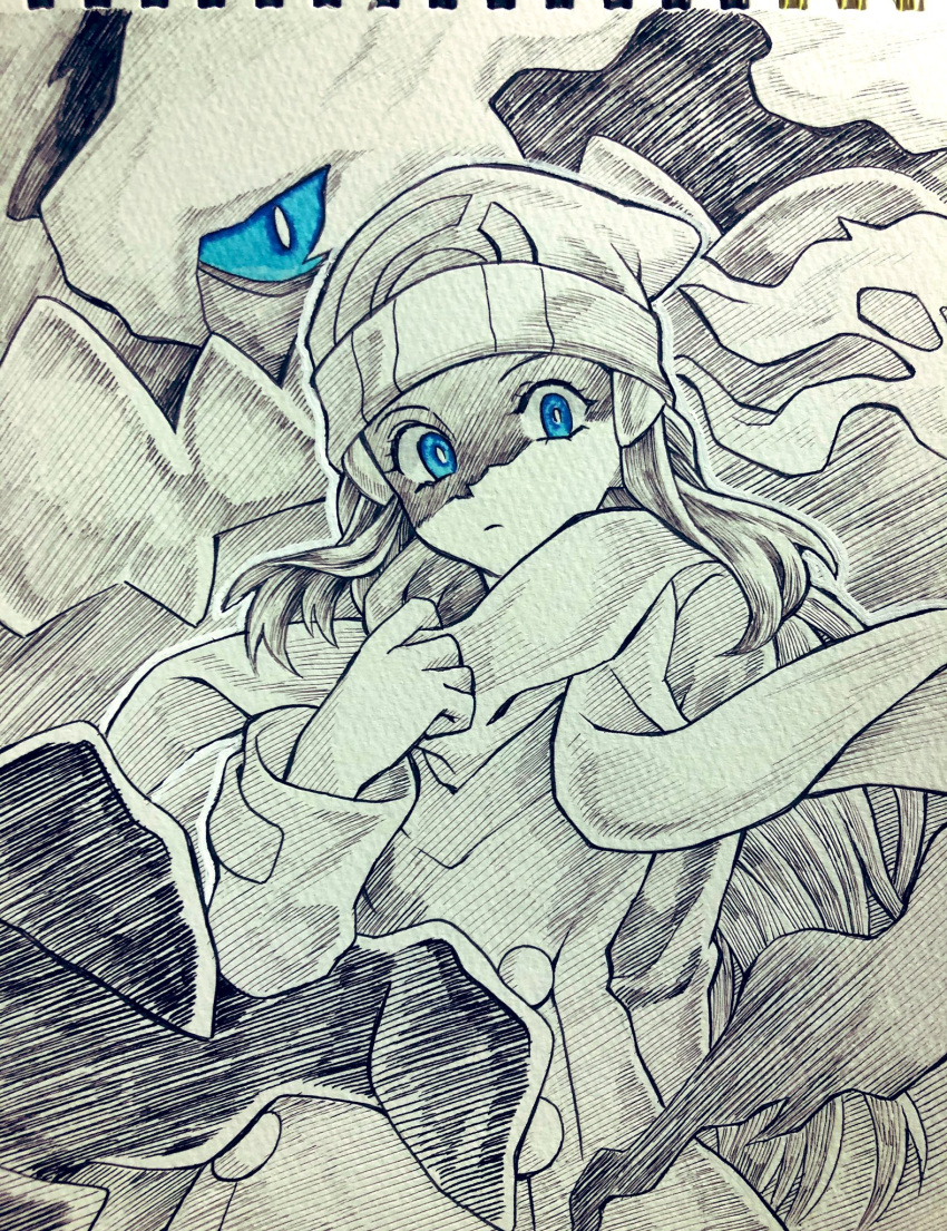 1girl arm_behind_back beanie blue_eyes buttons closed_mouth coat commentary darkrai hikari_(pokemon) eyelashes floating_scarf gen_4_pokemon hair_ornament hairclip hat highres long_hair long_sleeves looking_at_viewer mythical_pokemon pokemon pokemon_(creature) pokemon_(game) pokemon_dppt pokemon_platinum ryuusei_(trickster) scarf spot_color