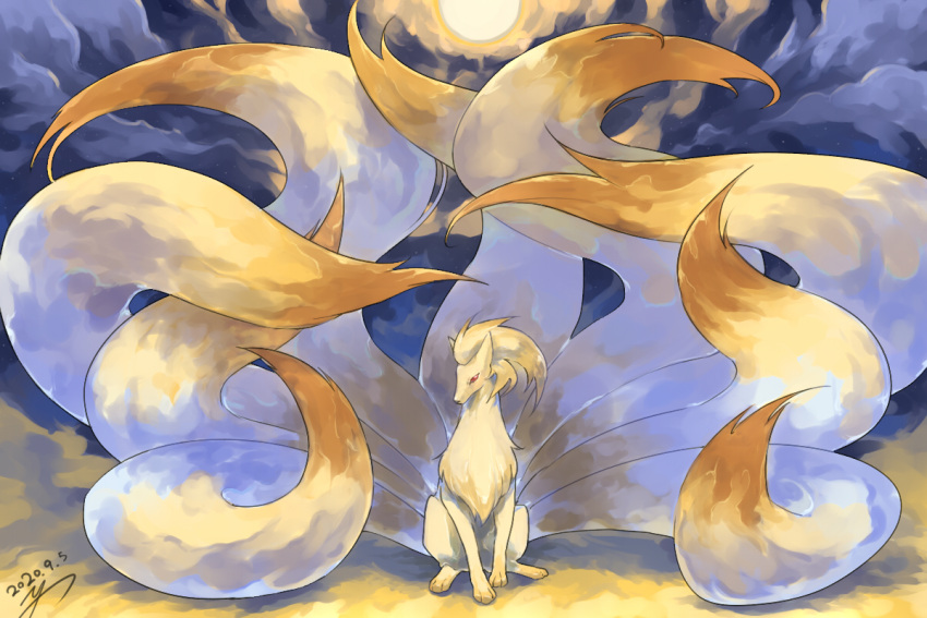 commentary_request dated gen_1_pokemon looking_to_the_side ninetales no_humans paws pokemon pokemon_(creature) red_eyes signature sitting solo toes yu_ikedon