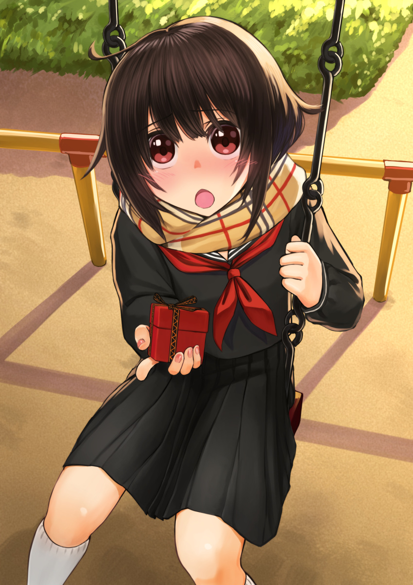 1girl :o ahoge alternate_costume black_serafuku black_shirt black_skirt blush brown_hair brown_scarf bush commentary_request from_above gift highres holding holding_gift izawa_koushi kneehighs kono_subarashii_sekai_ni_shukufuku_wo! looking_at_viewer megumin neckerchief open_mouth outdoors plaid plaid_scarf pleated_skirt red_eyes sailor_collar scarf school_uniform serafuku shiny shiny_hair shirt sitting skirt solo swing valentine white_legwear