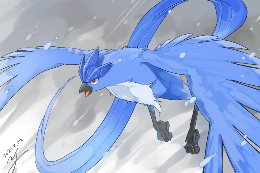 articuno bird commentary_request dated gen_1_pokemon legendary_pokemon no_humans open_mouth pokemon pokemon_(creature) red_eyes signature snowing solo talons tongue yu_ikedon