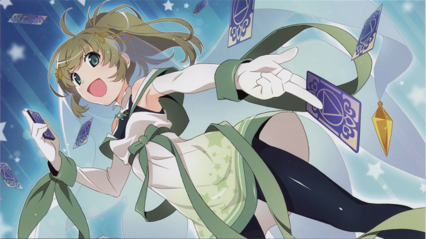 1girl :d absurdres anna_mel armpits bare_shoulders black_legwear blue_background bow breasts card dot_nose dutch_angle elbow_gloves end_card feet_out_of_frame from_below gloves green_bow green_eyes hair_ornament hand_up happy high_collar high_ponytail highres holding holding_card lens_flare light_brown_hair looking_at_viewer looking_down magia_record:_mahou_shoujo_madoka_magica_gaiden mahou_shoujo_madoka_magica official_art open_mouth outstretched_hand pantyhose ponytail shiny shiny_clothes shiny_hair shiny_legwear simple_background sleeveless small_breasts smile solo soul_gem star_(symbol) star_print starry_background striped striped_background tareme tarot veil waist_bow watanabe_akio white_gloves
