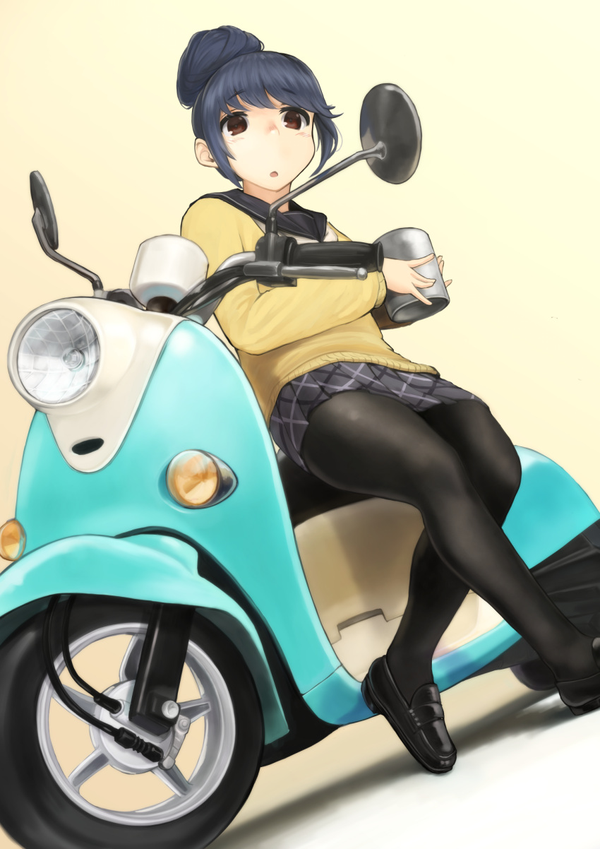 1girl :o black_legwear blue_hair commentary eyebrows_visible_through_hair ground_vehicle hair_bun highres holding izawa_koushi loafers motor_vehicle pantyhose sailor_collar school_uniform scooter shima_rin shoes simple_background sitting solo yamaha_vino yurucamp