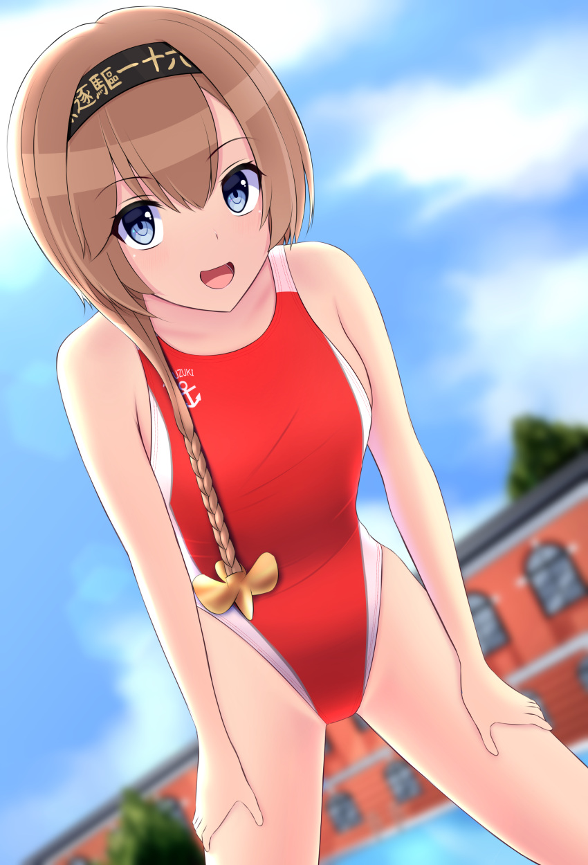 absurdres anchor_symbol blue_eyes braid character_name competition_swimsuit hachimaki hair_ornament headband highres kantai_collection light_brown_hair looking_at_viewer nokonoko one-piece_swimsuit outdoors propeller_hair_ornament red_swimsuit smile swimsuit teruzuki_(kancolle) twin_braids
