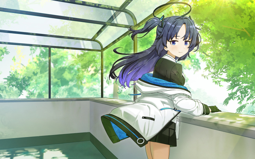 1girl black_gloves blue_archive blush gloves hair_ornament highres jacket long_hair looking_at_viewer mechanical_halo purple_hair rokukyugo rooftop school_uniform smile solo tree twintails two_side_up violet_eyes yuuka_(blue_archive)