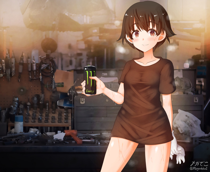 1girl aquaegg black_shirt blush breasts brown_eyes brown_hair can closed_mouth collarbone covered_navel eyebrows_visible_through_hair girls_und_panzer gloves highres holding holding_can indoors looking_at_viewer monster_energy nakajima_(girls_und_panzer) shiny shiny_hair shiny_skin shirt short_hair small_breasts smile solo standing sweat white_gloves workshop